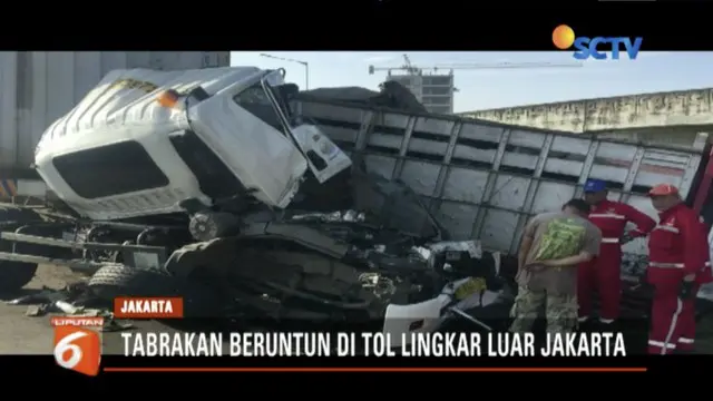 Tiga truk tabrakan beruntun di Tol Lingkar Luar Jakarta, dua orang meninggal dunia.