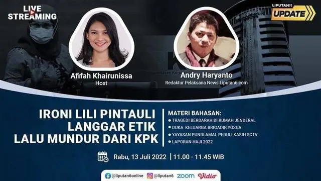 Liputan6 Update Rabu, 13 Juli 2022 pukul 11.00 WIB menyajikan laporan dari segala penjuru dengan tema Ironi Lili Pintauli Langgar Etik Lalu Mundur dari KPK

Laporan Langsung:
- Tragedi Berdarah di Rumah Jenderal
- Duka Keluarga Brigadir J 
- Lap...