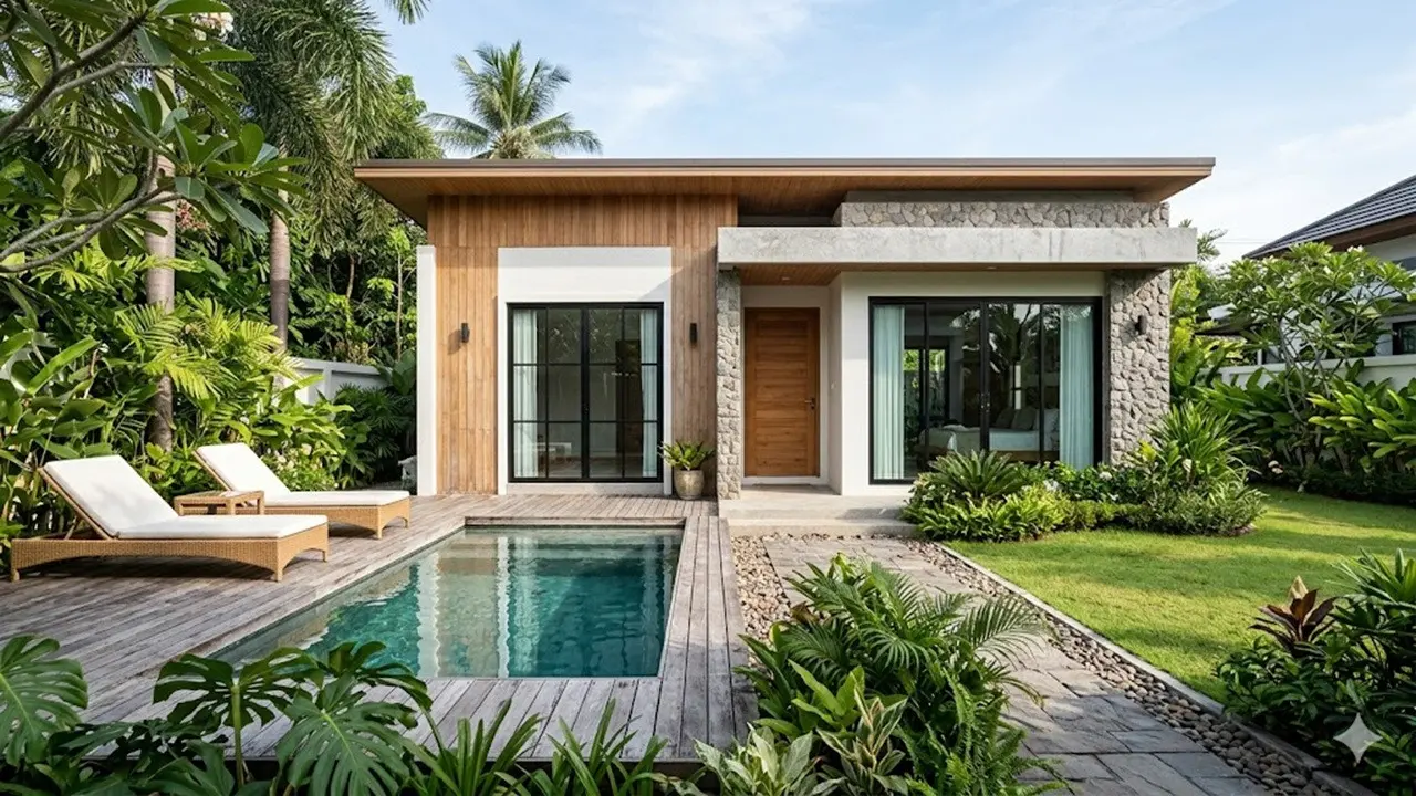 Desain Rumah 1 Lantai 6x10 dengan Kolam Mini Ala Villa