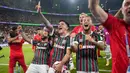Selebrasi kemenangan para pemain Fluminense setelah mengalahkan Al Ahly 2-0 pada laga semifinal Piala Dunia Klub 2023 di King Abdullah Sports City Stadium, Arab Saudi, Selasa (19/12/2023) dini hari WIB. (AP Photo/Manu Fernandez)