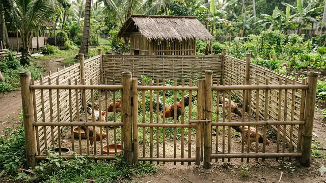Kandang Ayam Umbaran dengan Pagar Bambu (Foto: Gemini AI)