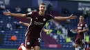 Pemain Leicester City, Timothy Castagne berselebrasi usai mencetak gol ke gawang West Bromwich Albion pada pertandingan Liga Inggris di Hawthorns di West Bromwich, Inggris, Minggu, (13/9/2020). Leicester menang telak 3-0 atas West Bromwich Albion. (Tim Keeton/Pool via AP)