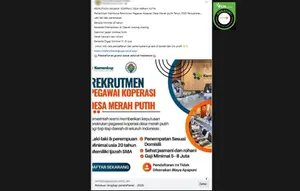 Cek Fakta Liputan6.com mendapati klaim link pendaftaran pegawai Koperasi Desa Merah Putih 2026 dengan gaji Rp 5 - 8 juta. (Foto: tangkapan layar Facebook).