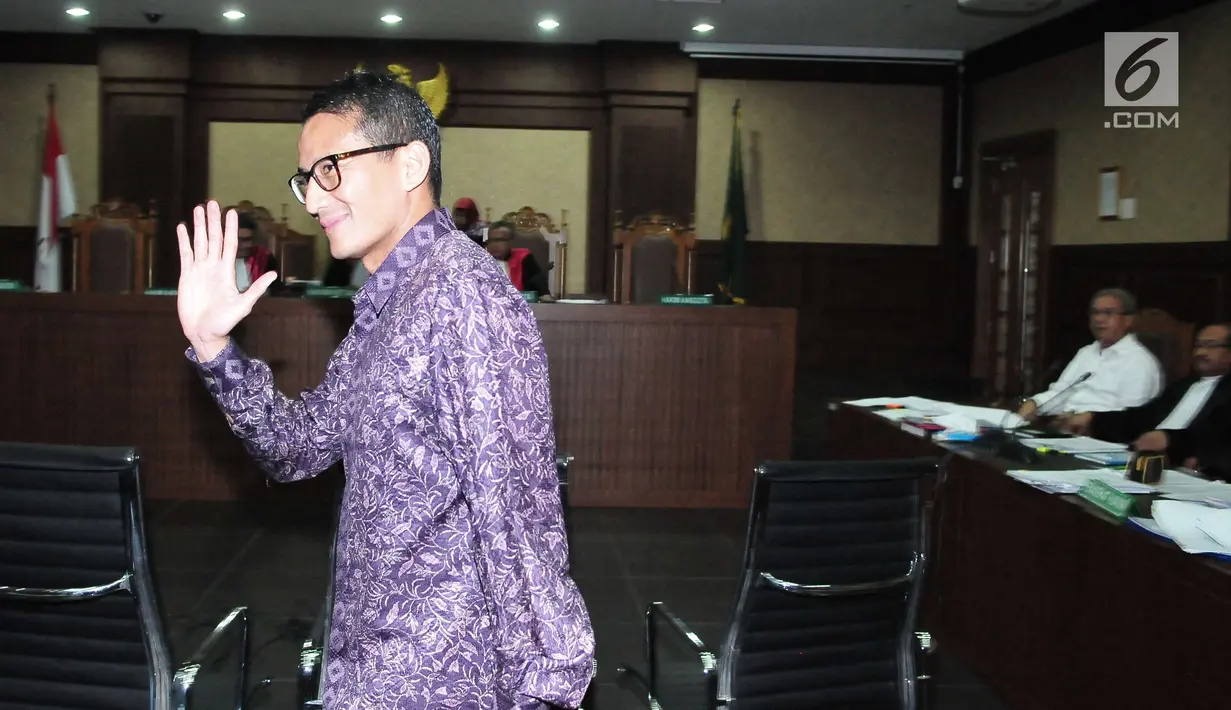 Sandiaga Uno saat menjadi saksi dalam sidang kasus dugaan korupsi alkes RS Khusus Pendidikan Kedokteran di Universitas Udayana dan kasus proyek Wisma Atlet Palembang di Pengadilan Tipikor, Jakarta (30/8). (Liputan6.com/Helmi Afandi)