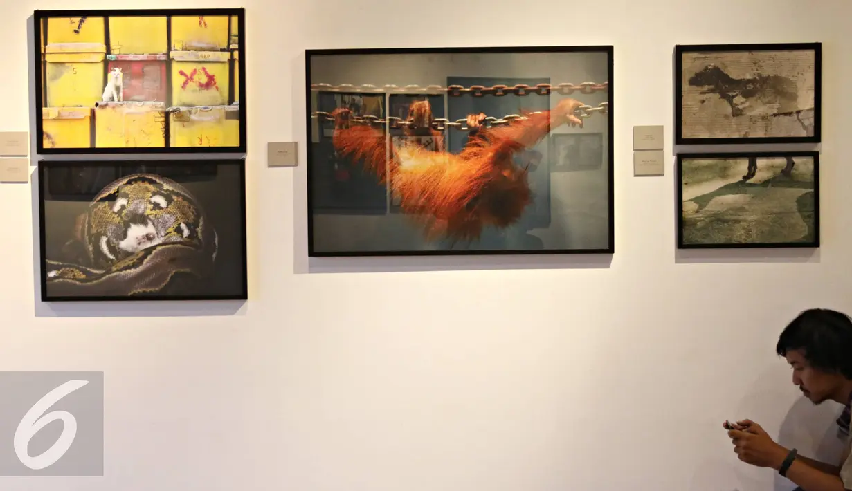 Sejumlah foto karya jurnalistik dari 26 fotografer peserta workshop dipajang saat pameran bertajuk Arkamaya di Galeri Foto Jurnalistik Antara, Jakarta, Selasa (5/4). (Liputan6.com/Immanuel Antonius)