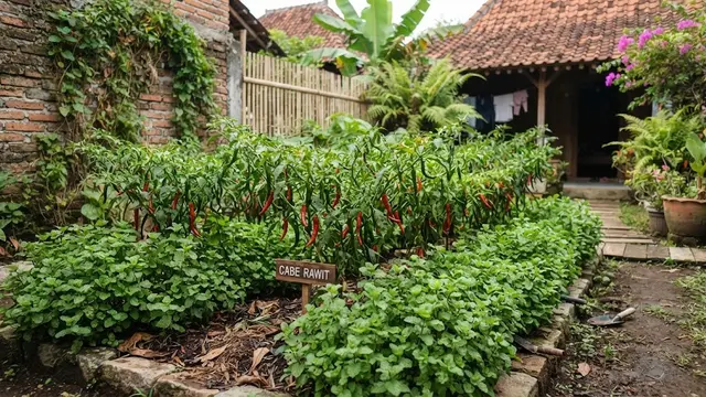 Tanaman mint sebagai pelindung kebun cabai.