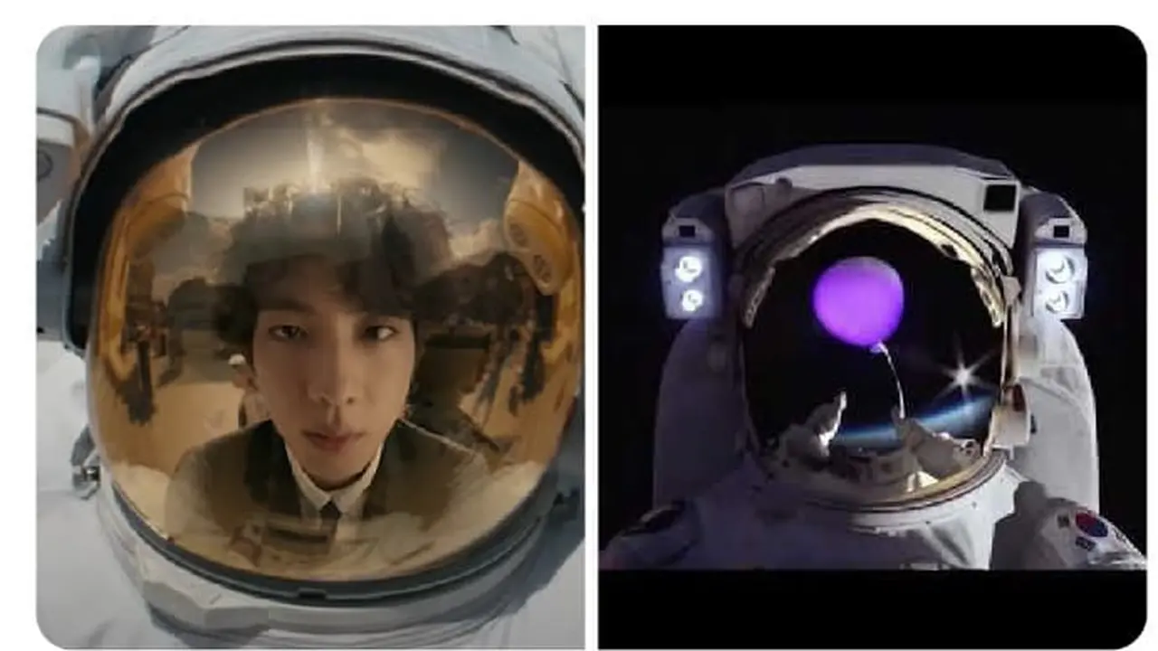 Kiri adalah Jin dalam The Astronaut sedangkan di kiri adalah Astronot di klip video Permission To Dance BTS.