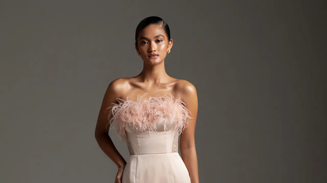 Gaun Pesta dengan Feather Accent