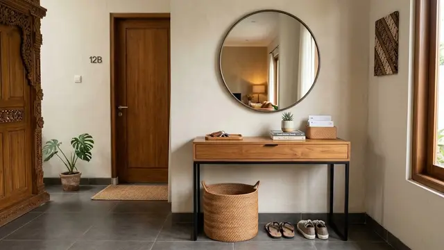 Ide meja konsol di rumah yang bikin ruangan tampak rapi dan modern model cermin di atasnya