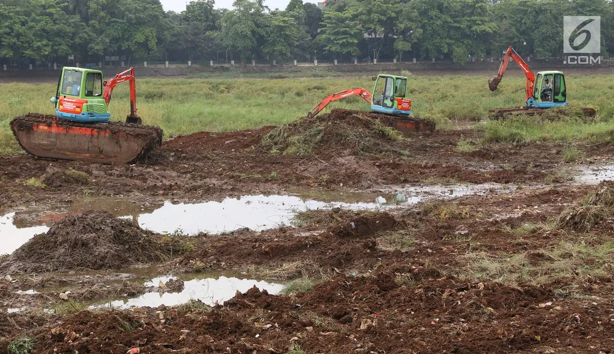 Petugas dengan alat berat melakukan pengerukan lumpur dan tanaman liar di Setu Babakan, Jakarta, Kamis (9/11). Pengerukan dilakukan untuk menambah kapasitas tampung Setu Babakan serta sebagai langkah antisipasi banjir. (Liputan6.com/Immanuel Antonius)