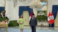 Kunjungan kenegaraan Presiden Peru, Dina Ercilia Boluarte Zegarra, di Istana Merdeka Jakarta, Senin (11/8/2025) disambut langsung Presiden Prabowo Subianto. (Liputan6.com/Lizsa Egeham)