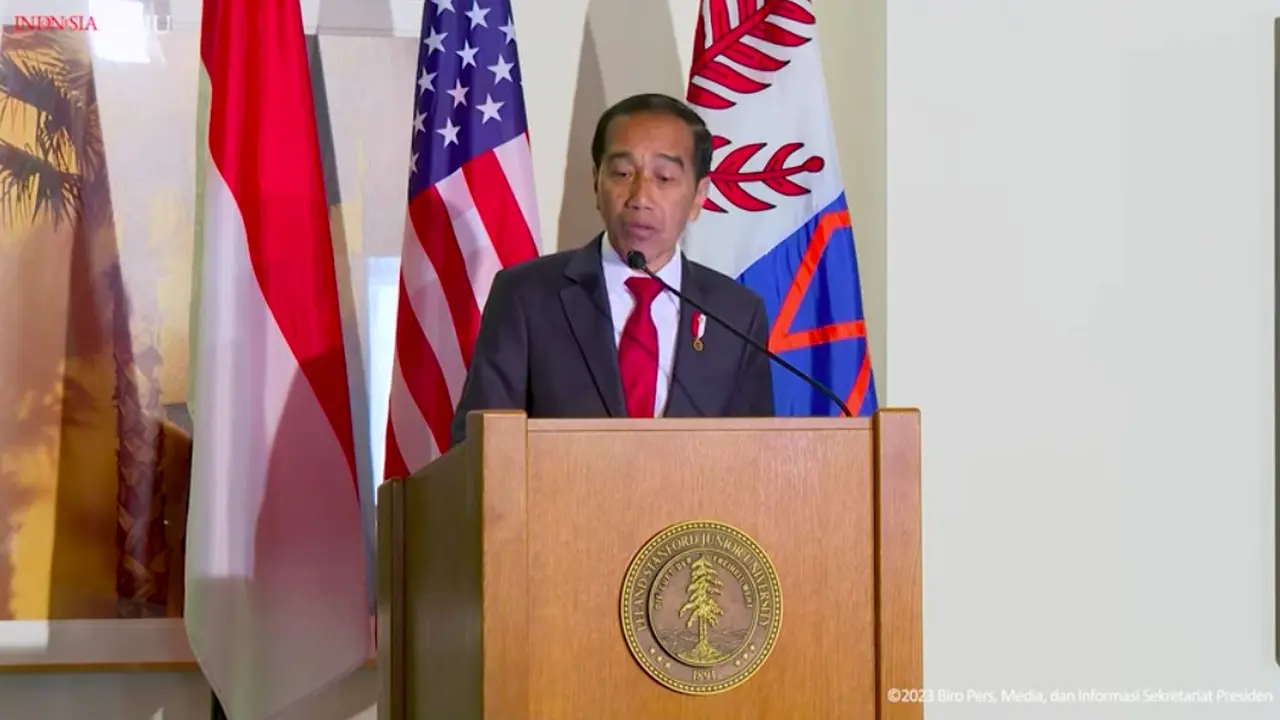 Presiden Jokowi saat menjadi pembicara dalam Kuliah Umum di Stanford University, San Fransisco, Amerika Serikat. (Istimewa)