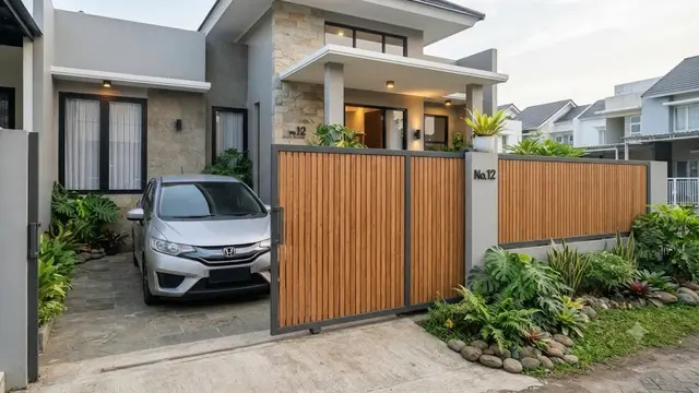 Pintu Pagar Geser Motif Slat Kayu Modern (AI Generated)
