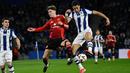 Bermain di hadapan publik sendiri, Real Sociedad berhasil menahan imbang Manchester United dengan skor 1-1. (ANDER GILLENEA/AFP)