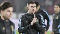 Momen pemanasan Franco Mastantuono, pemain Argentina, jelang laga kualifikasi Piala Dunia FIFA 2026 kontra Chile di Santiago, Chile, Kamis, 5 Juni 2025. (AP Photo/Luis Hidalgo)