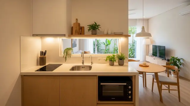 Dapur Mini dengan Meja Menghadap Ruang Keluarga