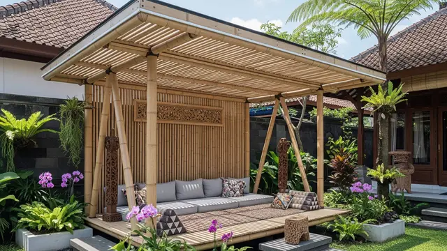 Inspirasi Gazebo Bambu Modern di Halaman Rumah Kampung