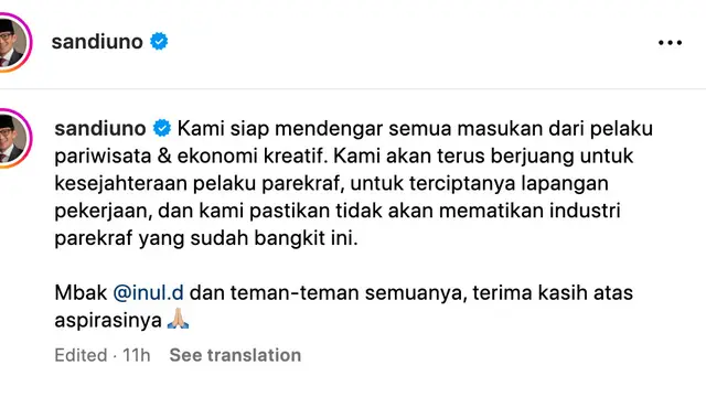 Unggahan Sandiaga Uno. (Foto: Dok. Instagram @sandiuno)
