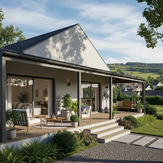 Model Rumah Minimalis Sederhana dengan Teras Memanjang Khas Rumah Desa (AI)
