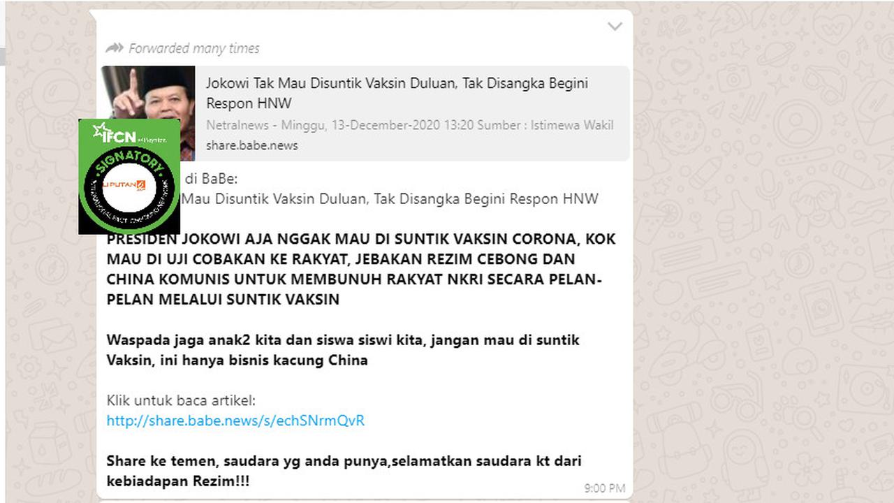 Cek Fakta Liputan6.com menelusuri klaim Jokowi tidak mau disuntik vaksin Covid-19
