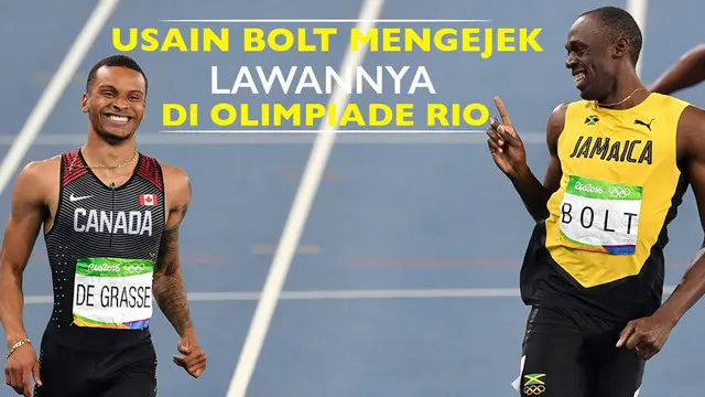 Usain Bolt mengejek Andre De Grasse dengan gaya kocak saat berlangsung semifinal nomor lari 200 meter di Olimpiade Rio 2016.