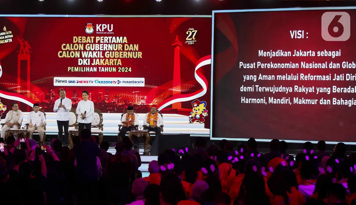 Debat perdana calon gubernur dan wakil gubernur DKI Jakarta akan berlangsung dalam enam sesi. Tampak pasangan calon gubernur dan wakil gubernur DKI Jakarta nomor urut 2, Dharma Pongrekun-Kun Wardana saat menyampaikan visi misi dalam segmen pertama. (Liputan6.com/Herman Zakharia)