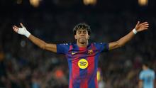 Selebrasi Lamine Yamal dalam laga Barcelona vs Celta Vigo di Liga Spanyol 2025/2026, Kamis (23/4/2026). (AP Photo/Joan Monfort)