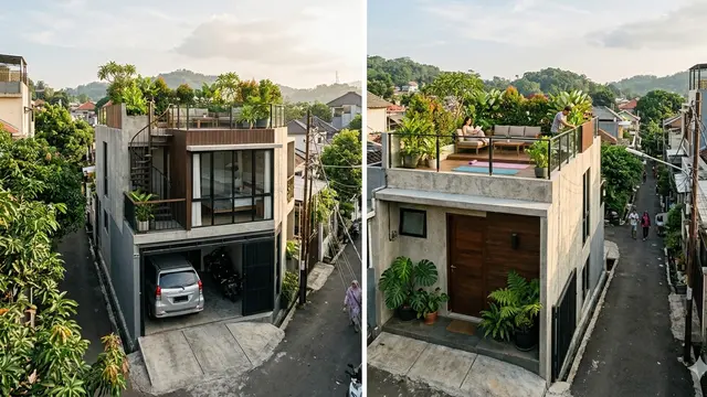 Rumah Kecil dengan Garasi dan Rooftop Modern (Foto: Gemini AI)