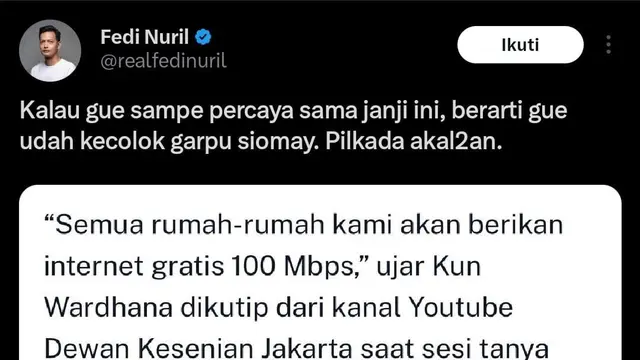 Fedi Nuril di X. (Dok. X @realfedinuril).