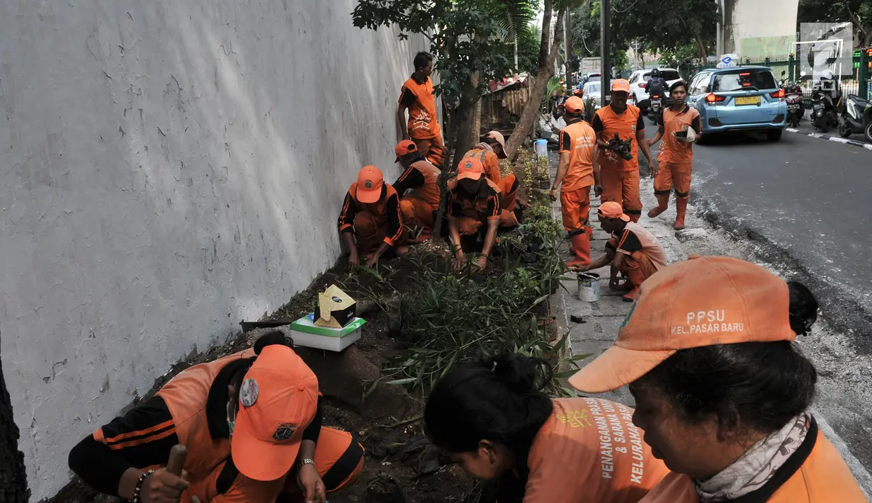 Petugas PPSU Kelurahan Pasar Baru menanam tanaman saat perawatan Ruang Publik Terpadu Ramah Anak (RPTRA) Pintu Air, Pasar Baru, Jakarta, Selasa (23/4). Pihak Kelurahan Pasar Baru melakukan perawatan RPTRA Pintu Air dalam rangka memperbaiki fasilitas yang rusak. (Liputan6.com/Iqbal S. Nugroho)