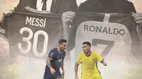 Ilustrasi - Lionel Messi PSG dan Cristiano Ronaldo Al-Nassr (Bola.com/Adreanus Titus)