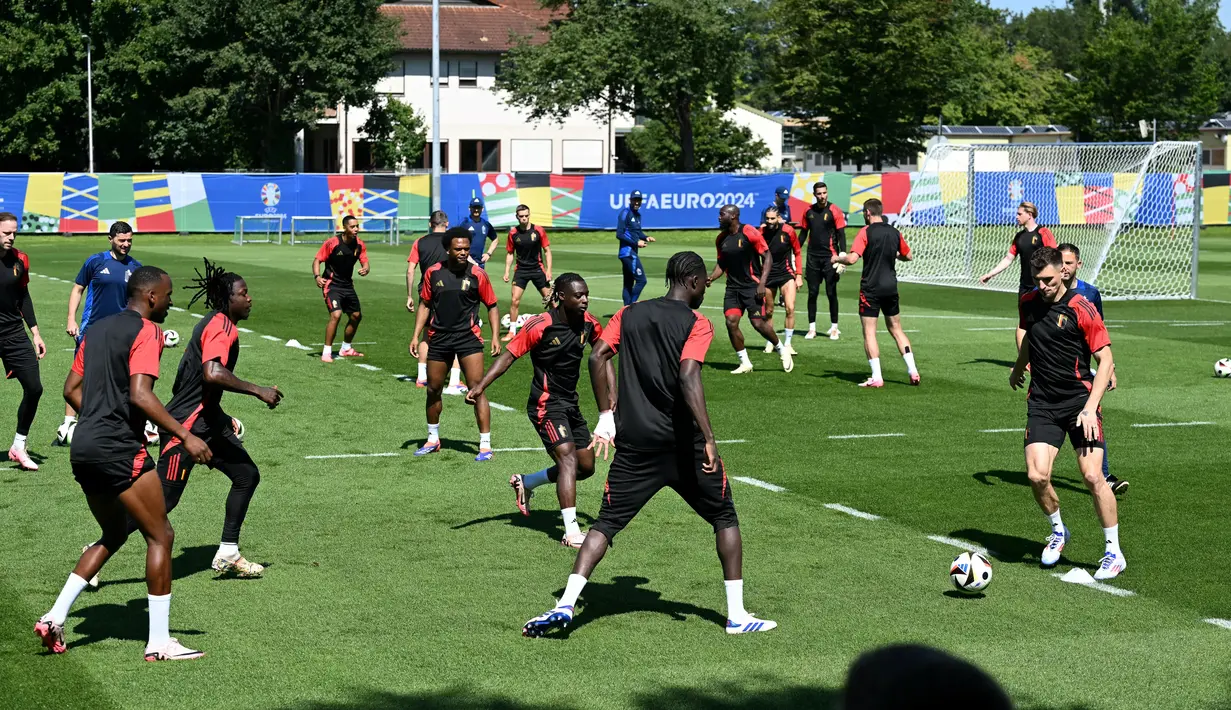 Belgia akan menghadapi Ukraina pada laga pamungkas Grup E Euro 2024, Rabu (26/6/2024) pukul 23.00 WIB. (THOMAS KIENZLE / AFP)