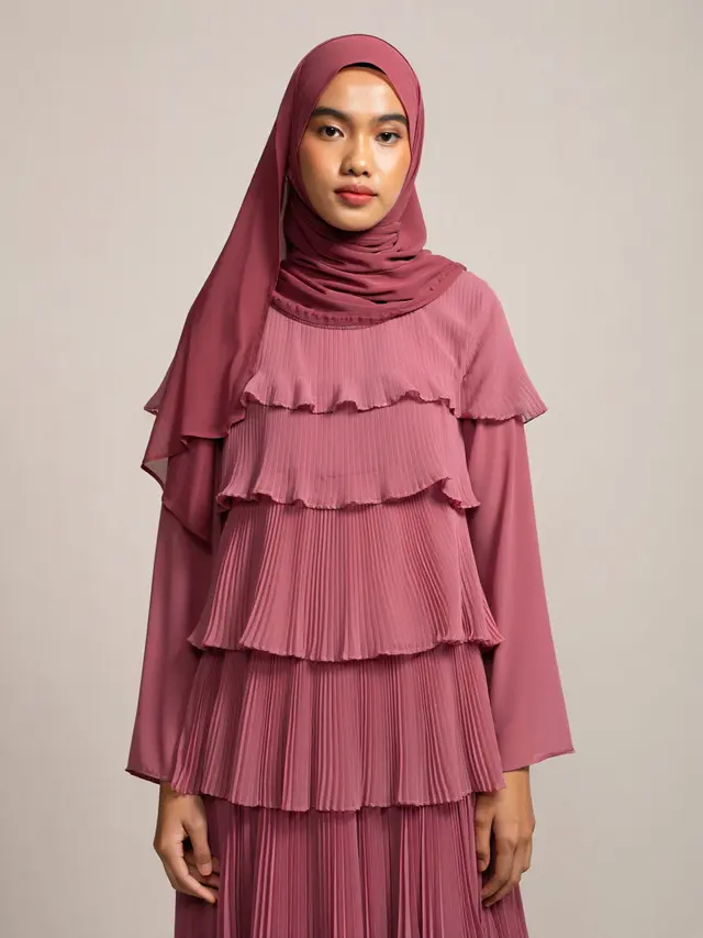 Gamis dengan Detail Ruffle dan Layer Bertumpuk