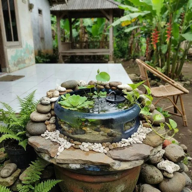Ide Dekorasi Kolam Galon Bekas dengan Batu Alam dan Tanaman Air, Suasananya Asri, Cantik dan Hemat Biaya Model Batu Campuran dengan Kombinasi Tanama Air