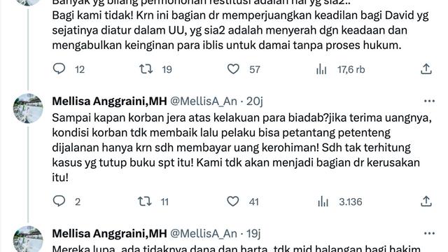 Cuitan pengacara David Ozora, Mellisa Anggraini. (Foto: Dok. Twitter @MellisA_An)