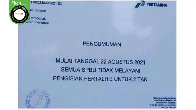 Gambar Tangkapan Layar Kabar Hoaks Pertamina Tidak Melayani Pengisian Pertalite Bagi Sepeda Motor 2 Tak Mulai 22 Agustus 2021.