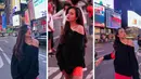 Foto kombinasi Cut Beby Tshabina atau yang kerap disapa Beby Tsabina saat berada di Time Square, New York. Beby Tsabina mulai dikenal atas perannya sebagai Santi dalam sinetron Anak Jalanan dan mendapat pengakuan luas atas perannya sebagai Ruby dalam sinetron Mermaid In Love. (Instagram/bebytsabina)