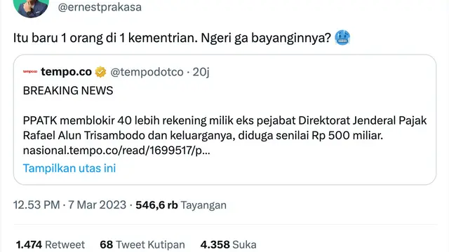 Unggahan Ernest Prakasa soal Rafael Alun Trisambodo. (Foto: Dok. Twitter @ernestprakasa)