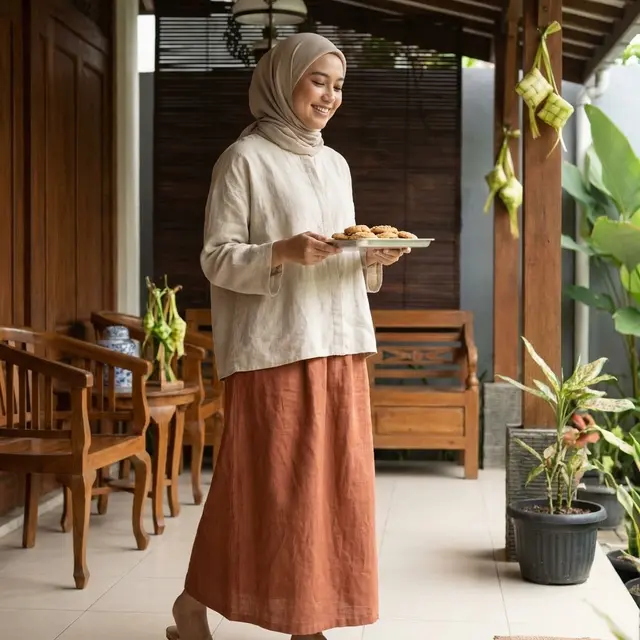 Set Rok Linen dan Blouse Oversized (Gemini AI)