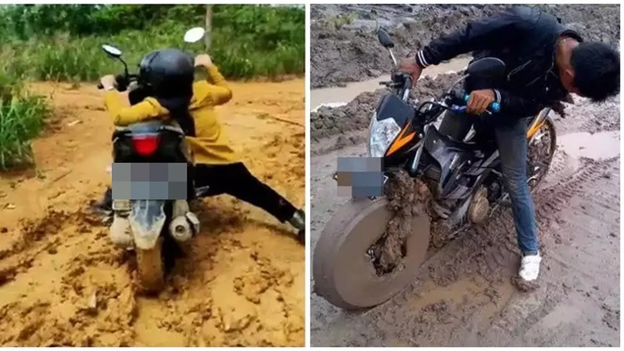 6 Momen Apes Lewati Jalanan Berlumpur Ini Bikin Elus Dada, Harus Rela Kotor
