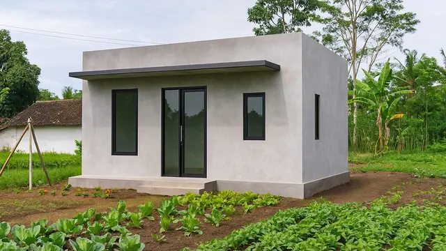 Rumah Gaya Industrial Tropis dengan Kebun Kecil di Belakang/via Meta AI