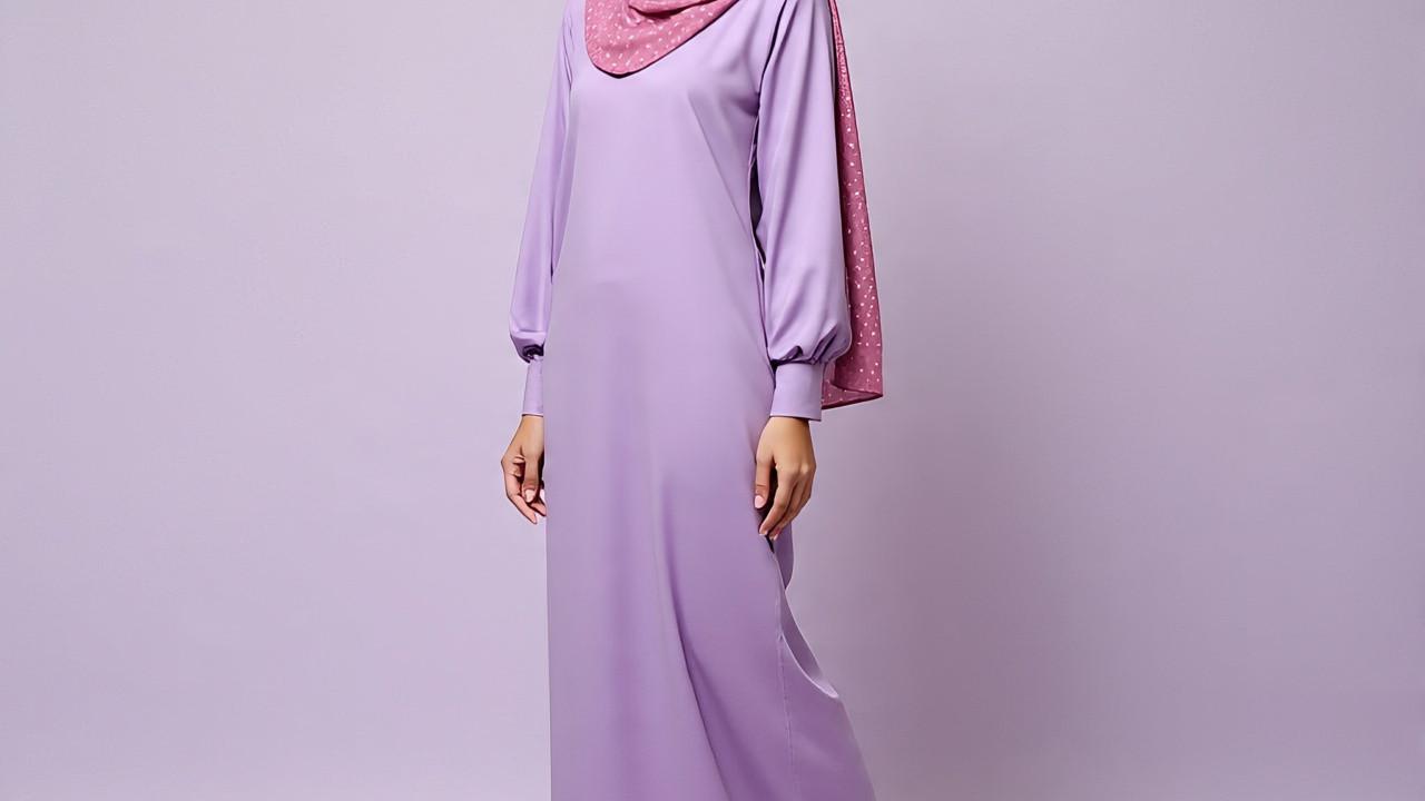 Ilustrasi Gamis Polos dengan Hijab Bermotif