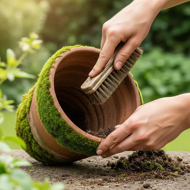 Membersihkan Lumut di Pot Tanah Liat (Image by Gemini AI)