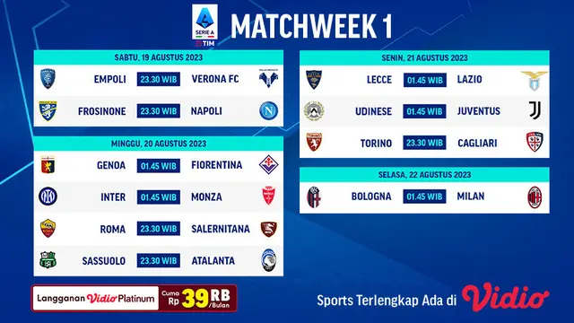 Jadwal Live Streaming Liga Italia 2023/2024 Matchday 1 di Vidio.
