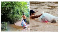 Seorang ayah rela seberangi sungai berlumpur dan lindungi anaknya agar bisa sekolah (Sumber: World of Buzz)