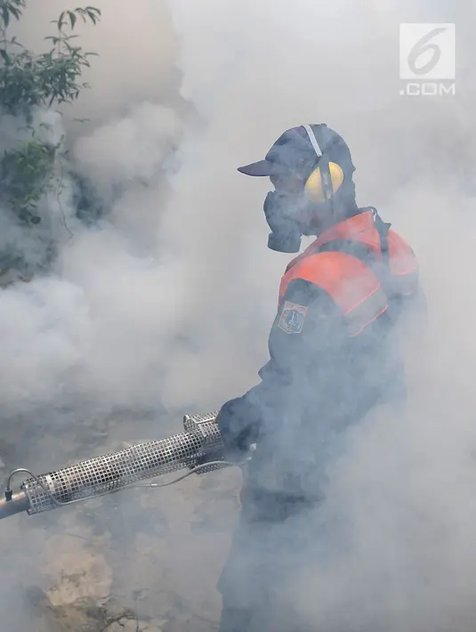Petugas melakukan penyemprotan asap (fogging) nyamuk demam berdarah dengue (DBD) di RW 01, Kelurahan Cipinang, Jakarta, Minggu (10/3). Fogging dilakukan setelah beberapa warga di permukiman tersebut terkena DBD. (merdeka.com/Iqbal Nugroho)