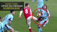 Aaron Ramsey mencoba peruntungannya mencetak gol dengan teknik Scorpion Kick saat Arsenal menang 2-1 atas Burnley