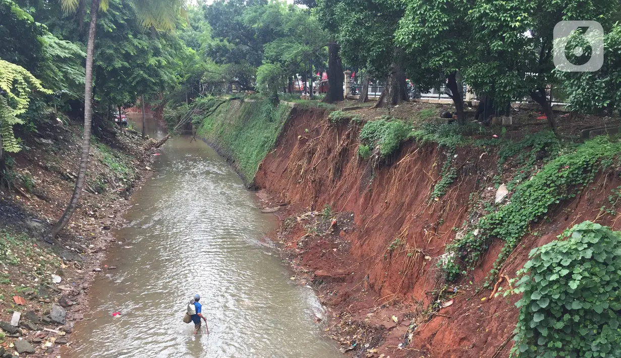 Kondisi dinding Kali Baru yang longsor di Jalan Raya Bogor, Kramat Jati, Jakarta Timur, Jumat (10/1/2020). Longsor yang terjadi akibat banjir beberapa waktu lalu tersebut berpotensi menyebabkan longsor susulan akibat tidak adanya turap yang menahan dinding kali. (Liputan6.com/Immanuel Antonius)