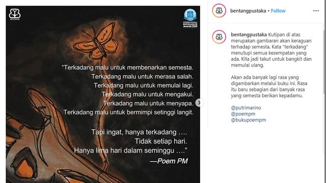 Puisi Putri Marino (Instagram/ bentangpustaka)