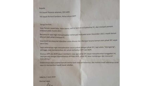 Surat permintaan bantuan dari Yanto Basna kepada APPI dan BOPI.